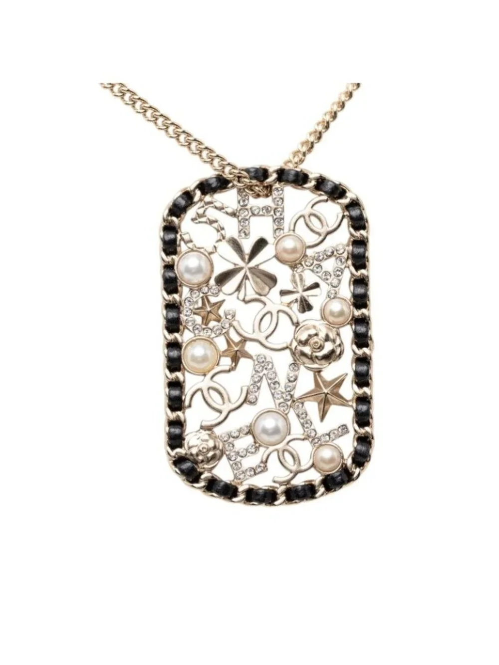 Chanel CC Logo Clover Camellia Chain Necklace Gold Black Plated Faux Pearl