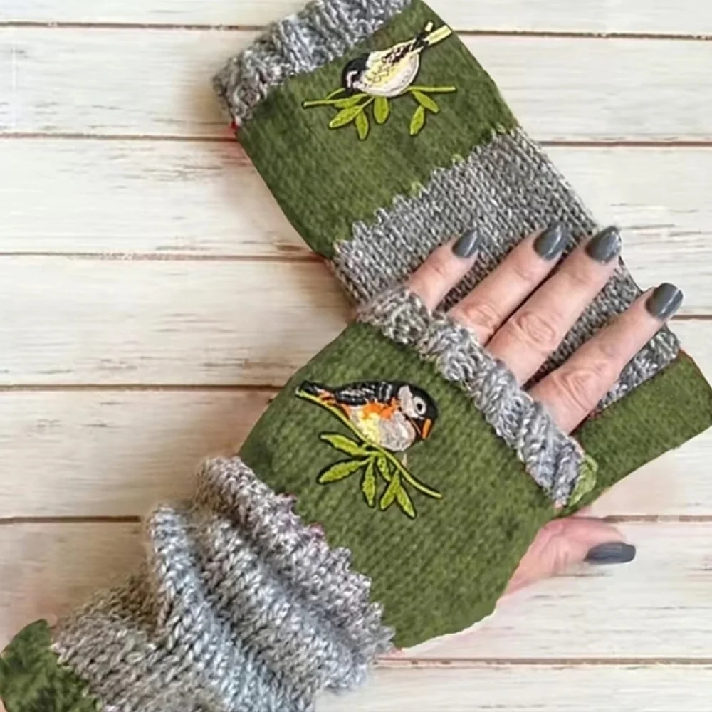 Fingerless Warm Gloves Thumb Holes Olive Green Gray Embroidered Birds Mittens