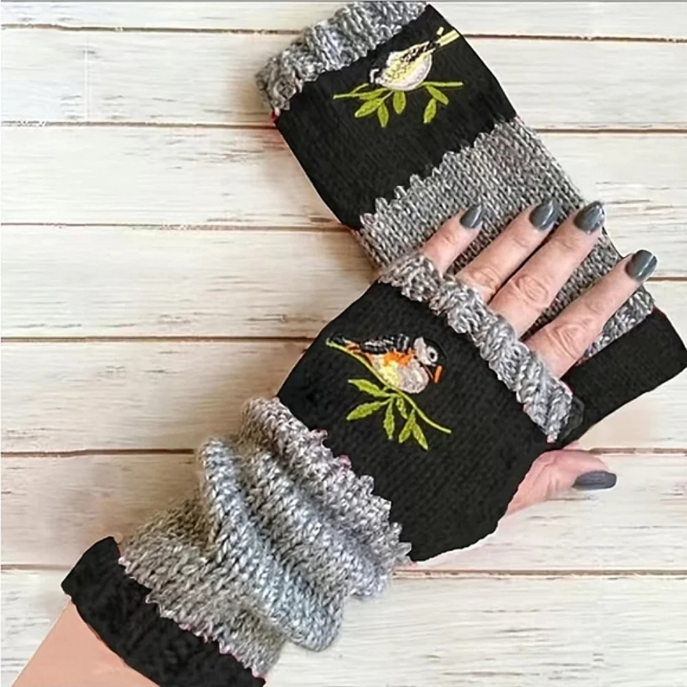 Fingerless Warm Gloves Thumb Holes Olive Green Gray Embroidered Birds Mittens