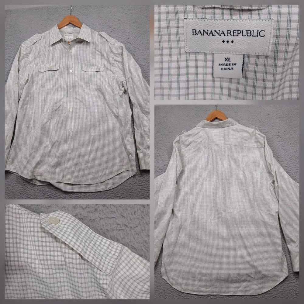 Banana Republic‎ Check Shirt Men's XL Beige Green Plaid Long Sleeve Cotton