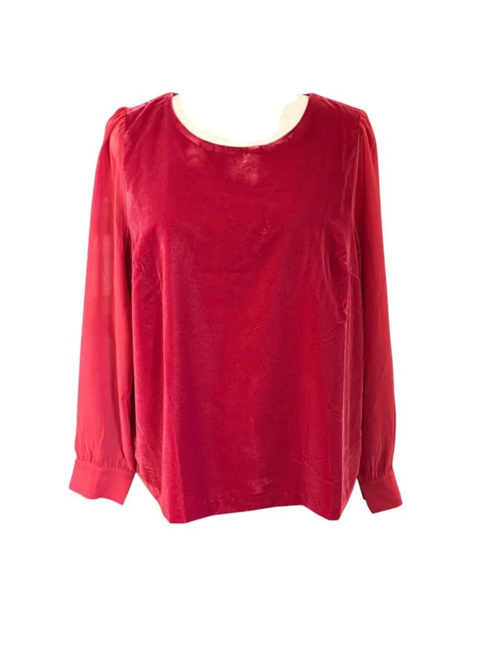 J Crew Puff Sleeve Velvet Top~Size Med~Red Sheer Long Sleeve Blouse NWT L6 33