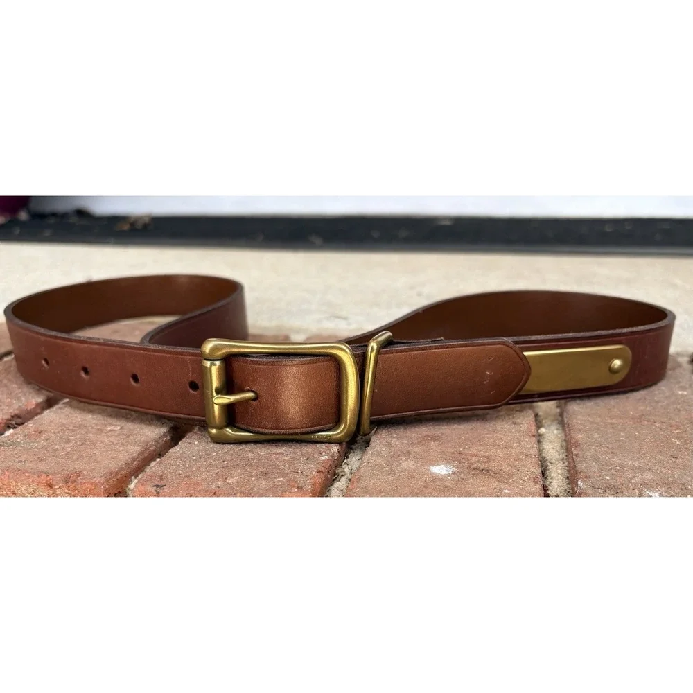 Polo Ralph Lauren Brown Leather Belt Brass Nameplate Plaque Buckle Men's 38