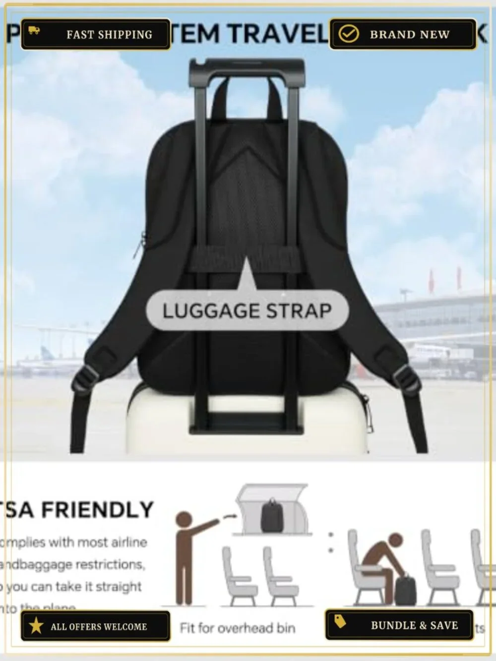 15.6 Inch Laptop Backpack Lightweight Water Resistant Luggage Strap Work Travel