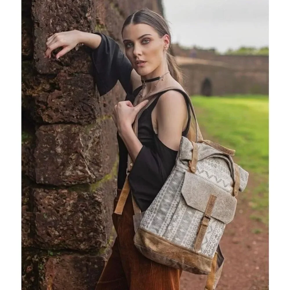 Myra Classy Canvas & Leather Cowhide Backpack Bag