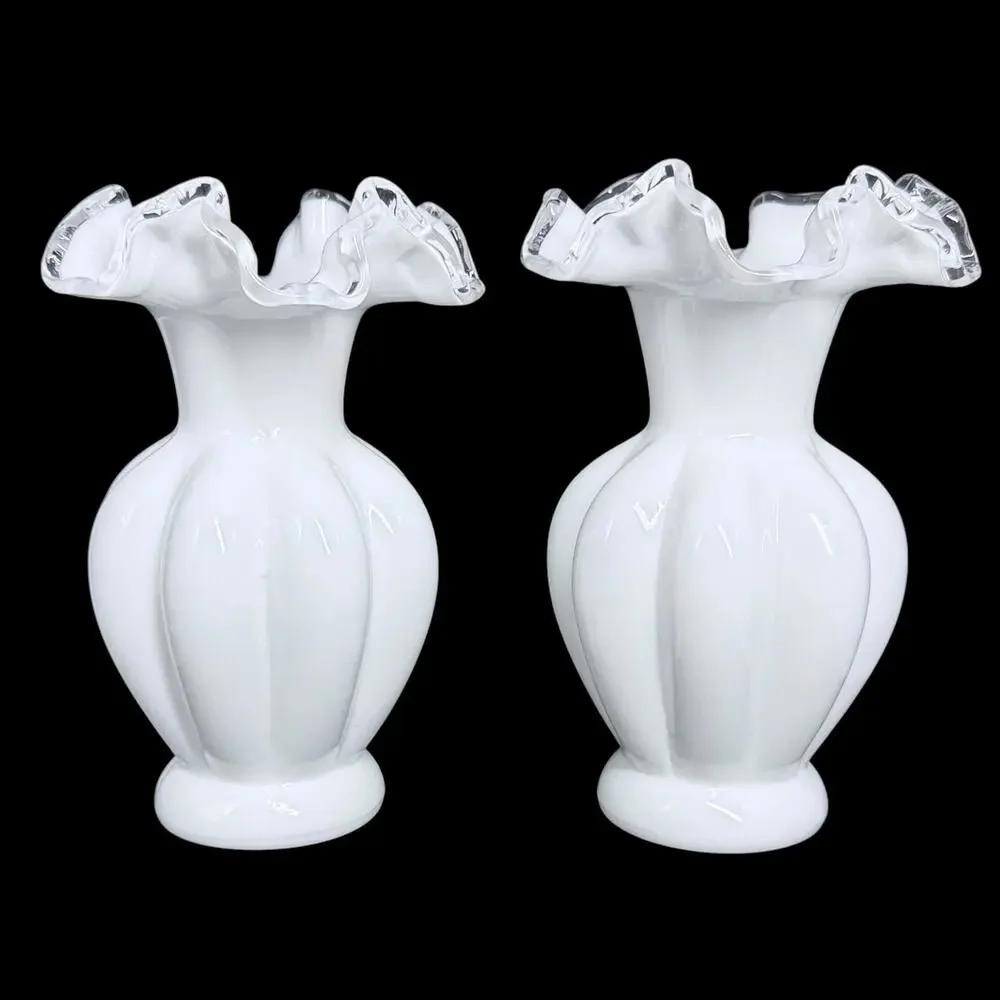 Vtg Fenton White Milk Glass Vase Clear Silver Crest Ruffled Rim Set of 2 Small