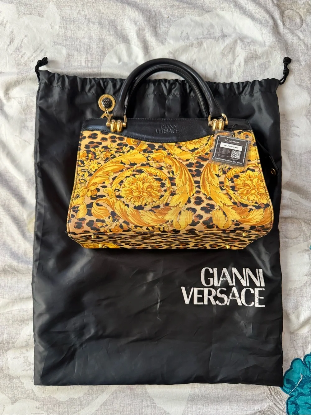 Versace Yellow Baroque & Leopard Print Satchel with Black Handle
