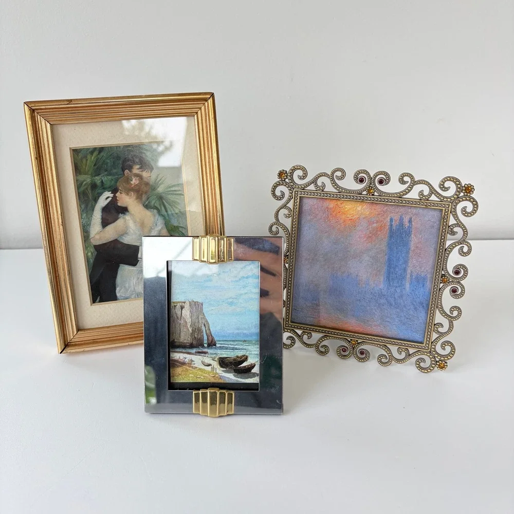 Vintage Picture Frame Set Gold Fluted Ornate Brass Art Deco Silver Tone 3 Piece