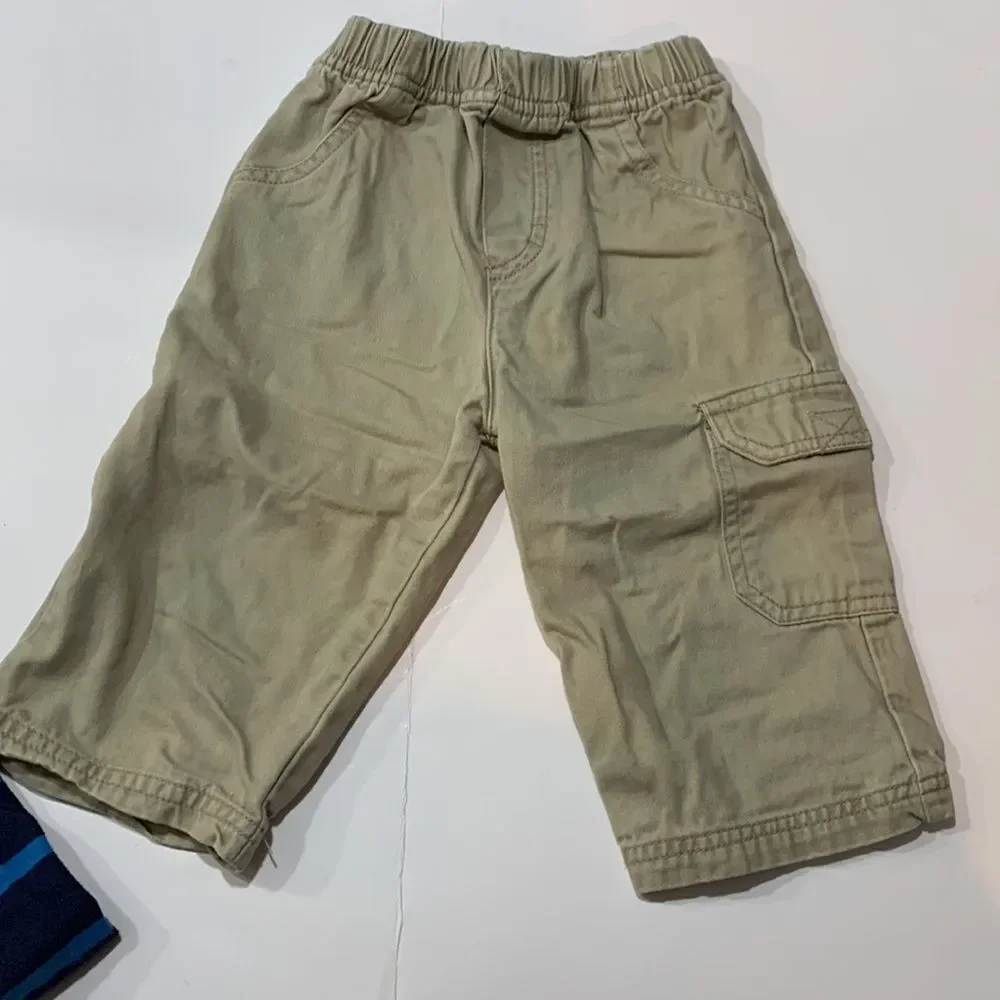 Carter’s Okie Dokie | Boys Blue Striped Penguin Shirt Tan Khaki Casual Pants 12M
