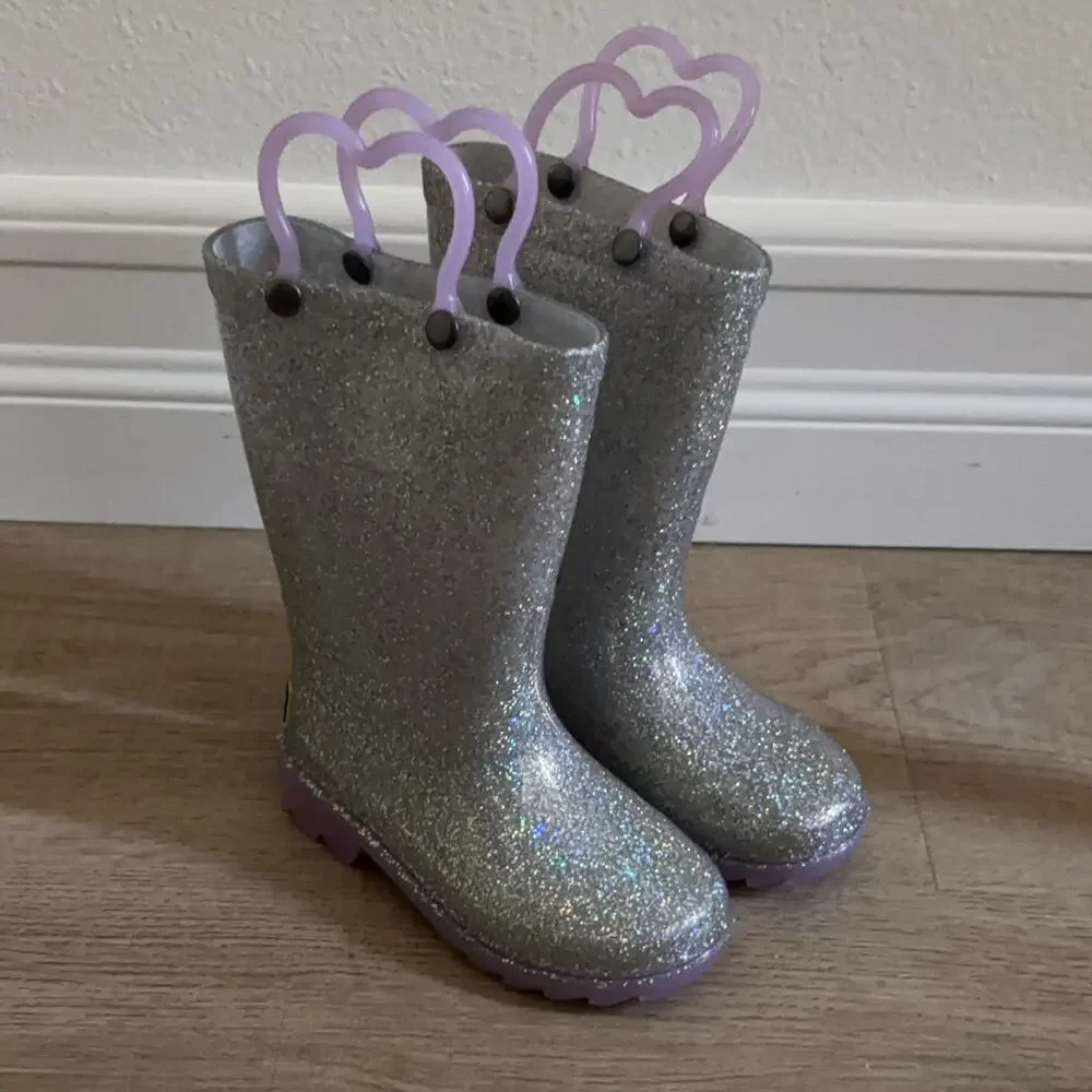 Western Chief Abby Girls Rain Boots Light Up Silver Glitter Size 7 Waterproof