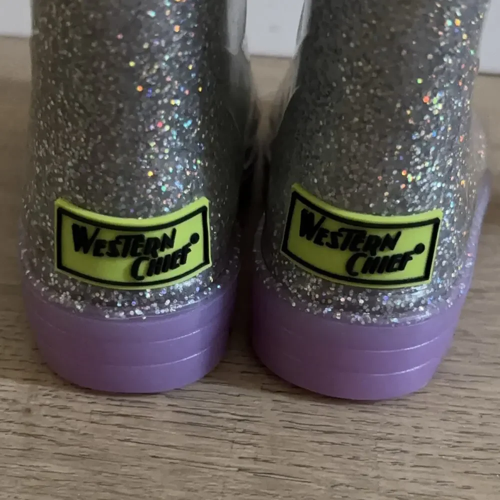 Western Chief Abby Girls Rain Boots Light Up Silver Glitter Size 7 Waterproof