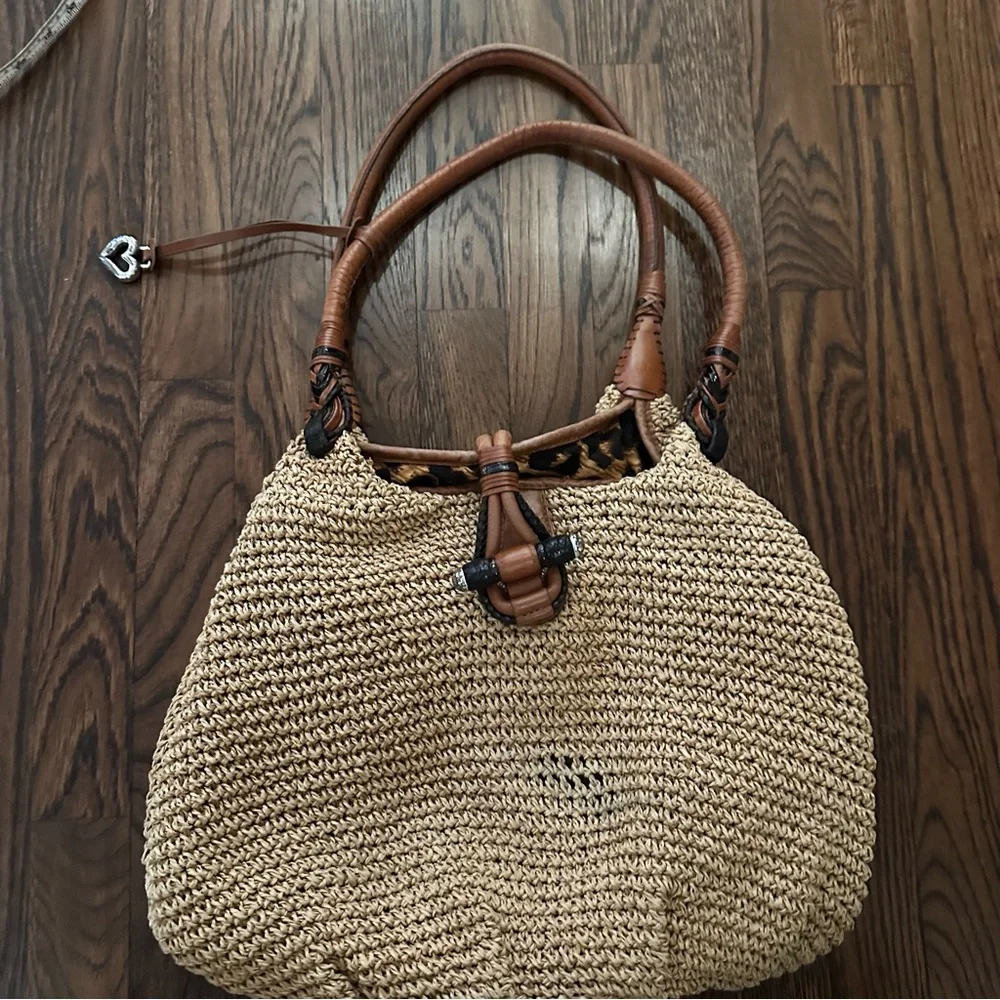 Brighton woven raffia straw and leather shoulder bag boho hobo