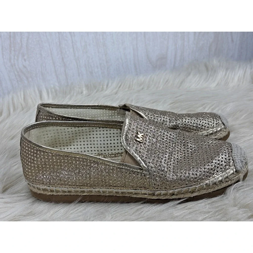 Michael Kors Kendrick Espadrilles Womens 7.5 Gold Glitter Metallic Slip On Flats