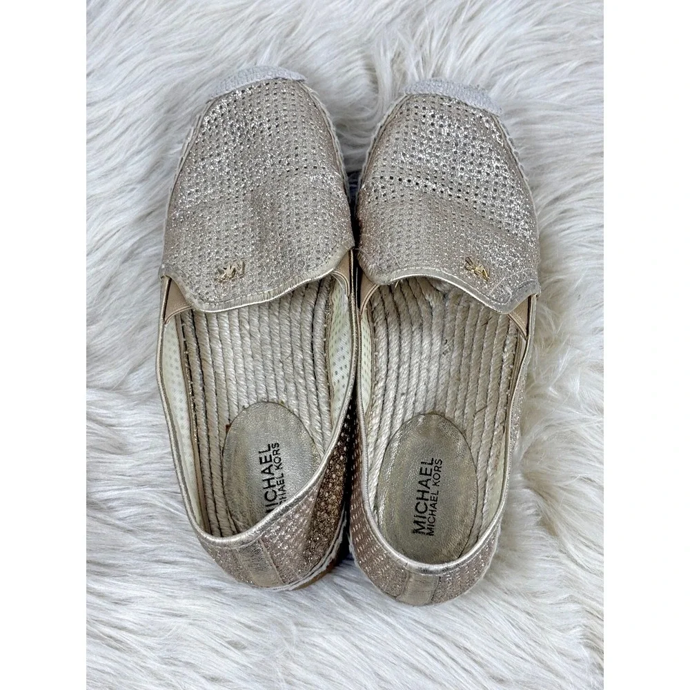 Michael Kors Kendrick Espadrilles Womens 7.5 Gold Glitter Metallic Slip On Flats