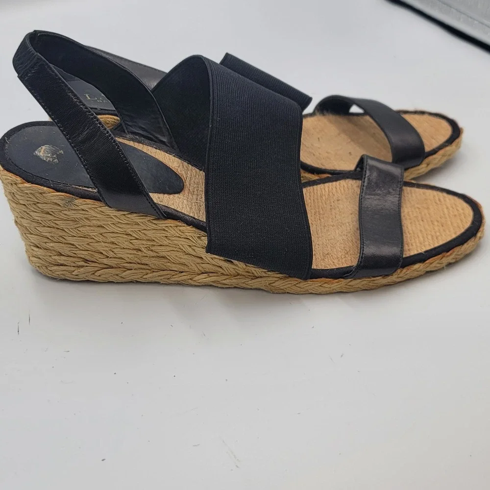 Lauren Ralph Lauren Carminda Black Leather Espadrille Wedge Sandals Womens 10B