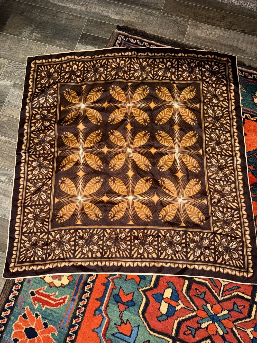 Vintage Polynesian Tapa Siapo Print Square Silk Scarf Earthy Brown Gold Boho