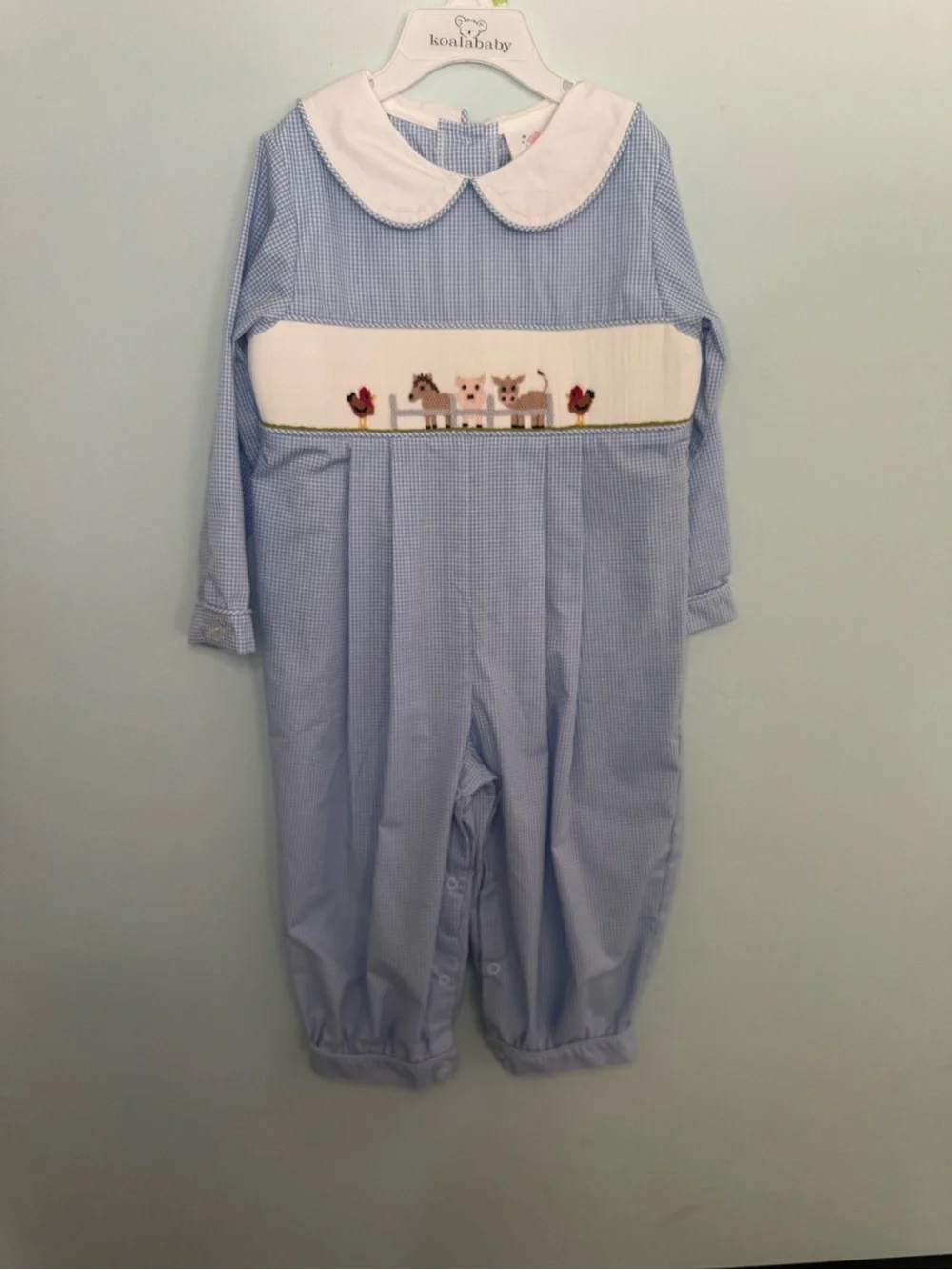 Stitchy Fish Blue Gingham Smocked Farm Animal Longall Romper Boys Size 3T