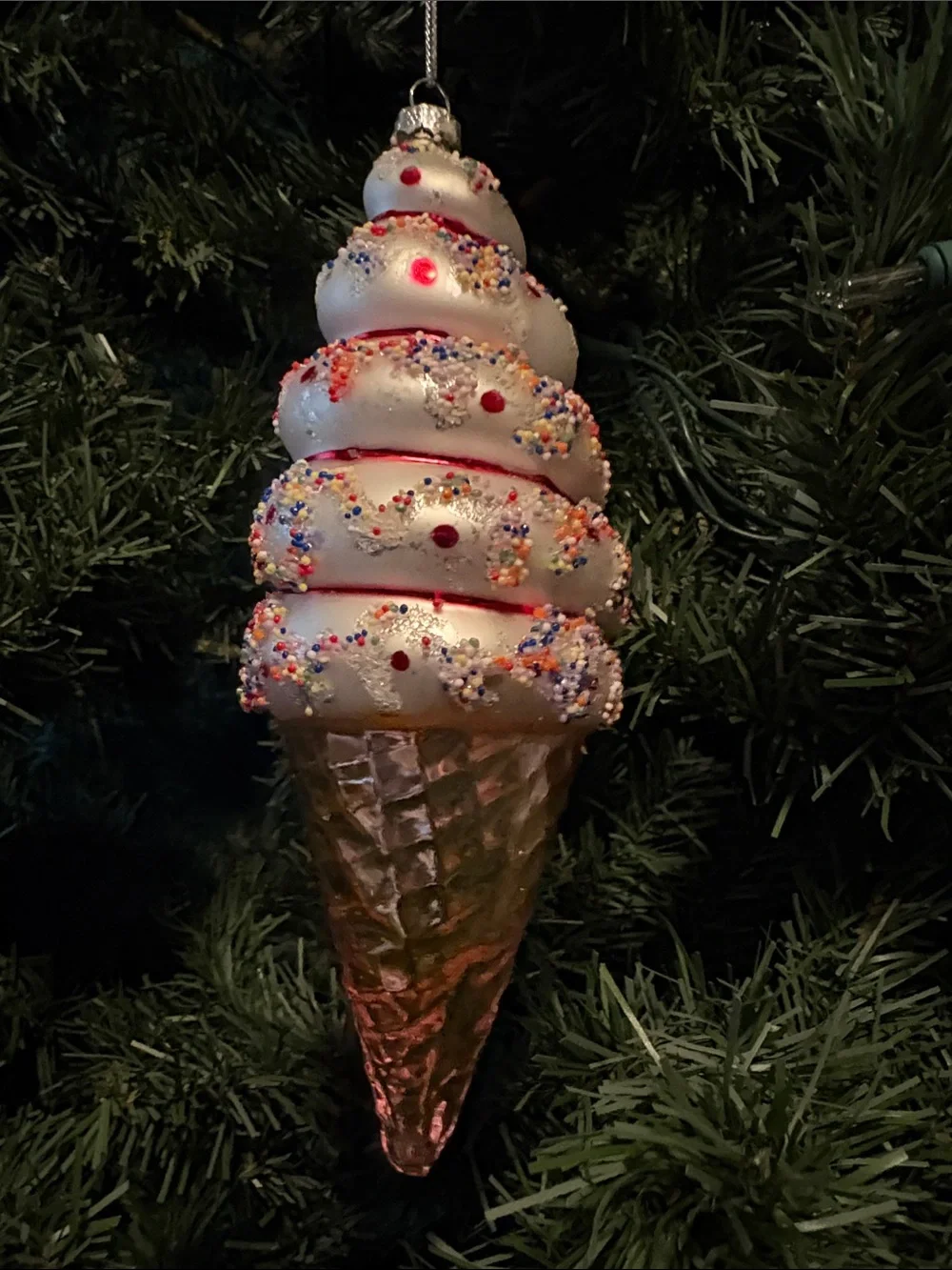 Holiday Ice Cream Cone Ornament - White and Pink Festive Tree Decoration