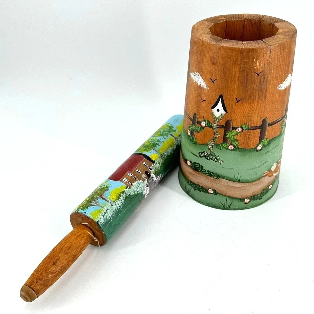 Handpainted Wooden Rolling Pin and Crock Set Country Farmhouse‎ Folk Art Bunnies