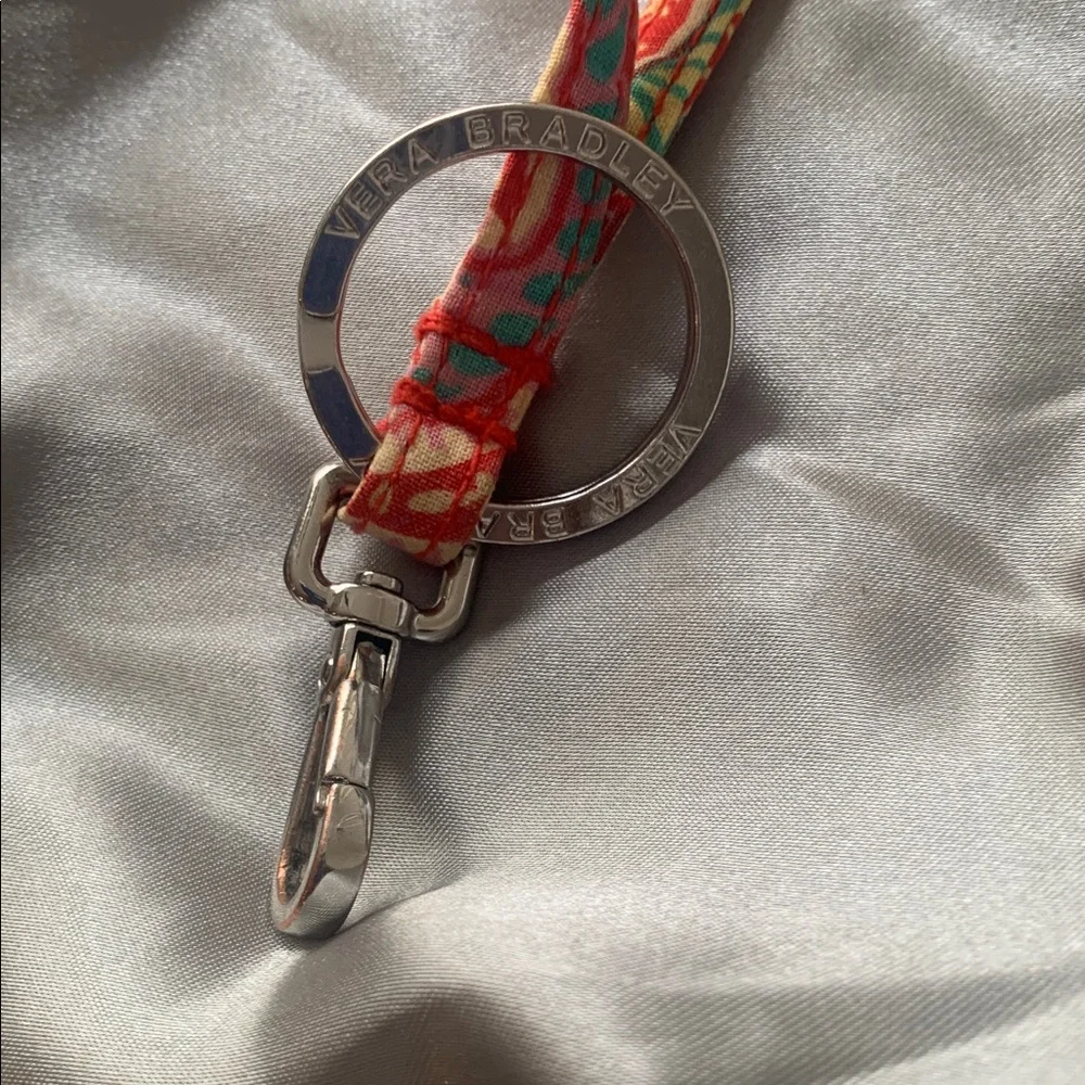 🌹VINTAGE Vera Bradley Coral Floral Keychain Necklace w/ Silver-Tone Ring Pendant
