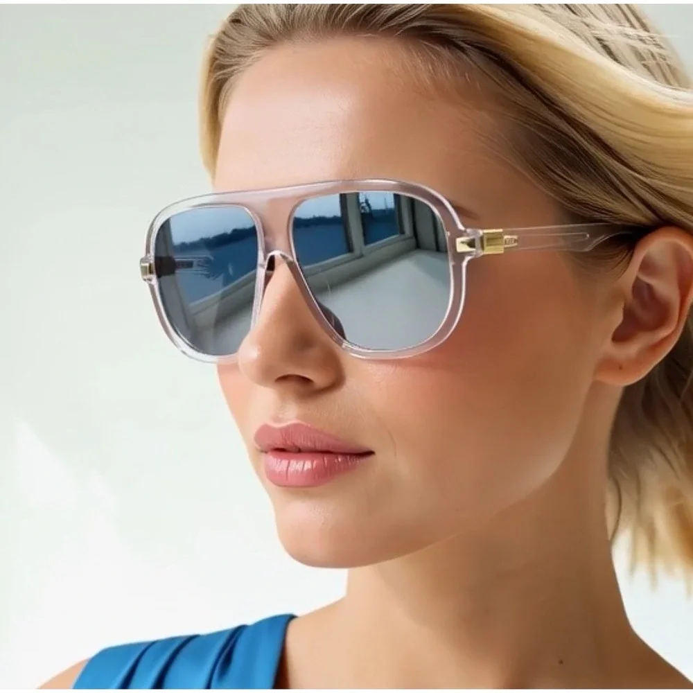 Oversized Shield Sunglasses Women Clear Frame Mirrored‎ Lenses Modern Female New