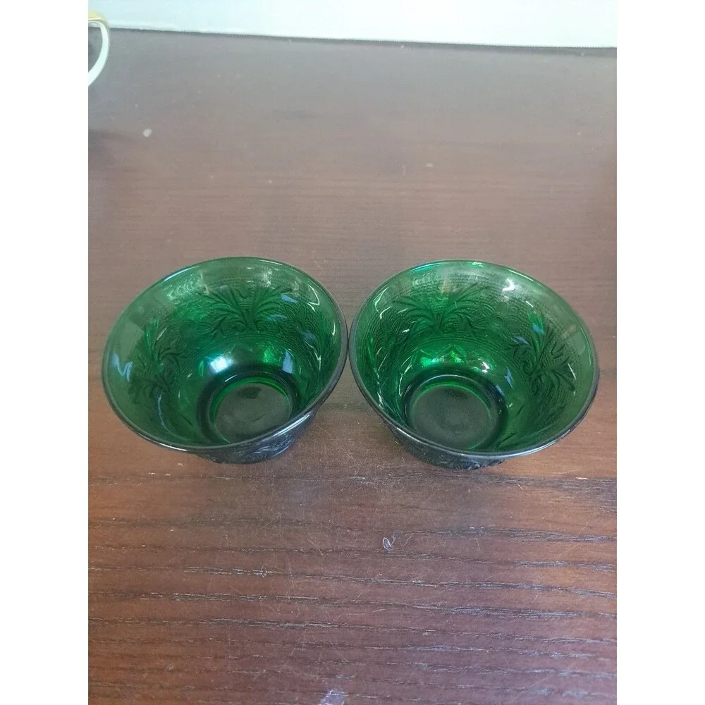 Set Of 2 1950s Anchor Hocking Forest Green Sandwich Glass Floral And Foliage...