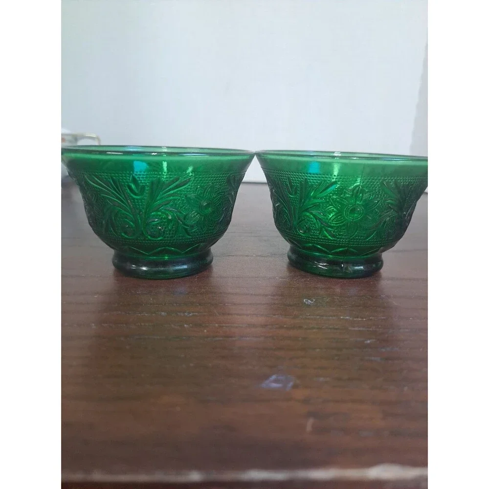Set Of 2 1950s Anchor Hocking Forest Green Sandwich Glass Floral And Foliage...