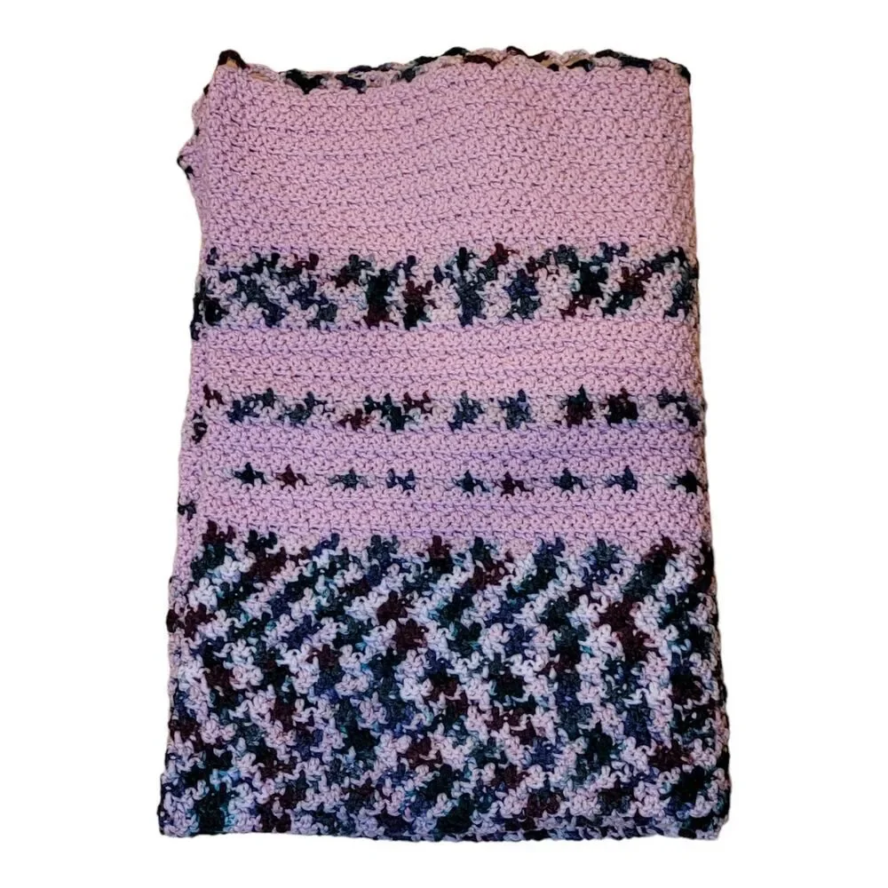 Vintage Handmade Crochet Pink And MultiColor‎ Stiped Afghan Blanket 38x53