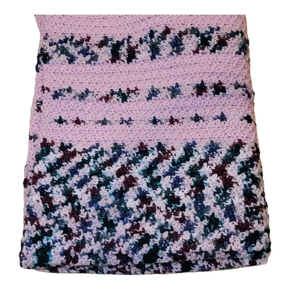 Vintage Handmade Crochet Pink And MultiColor‎ Stiped Afghan Blanket 38x53