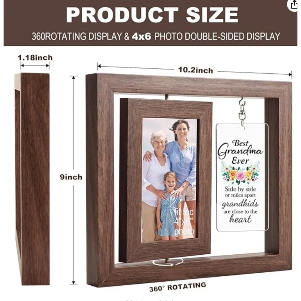 Best Grandma Ever Rotating Picture Frame 4x6 Double Sided Floating Wood Gift Box
