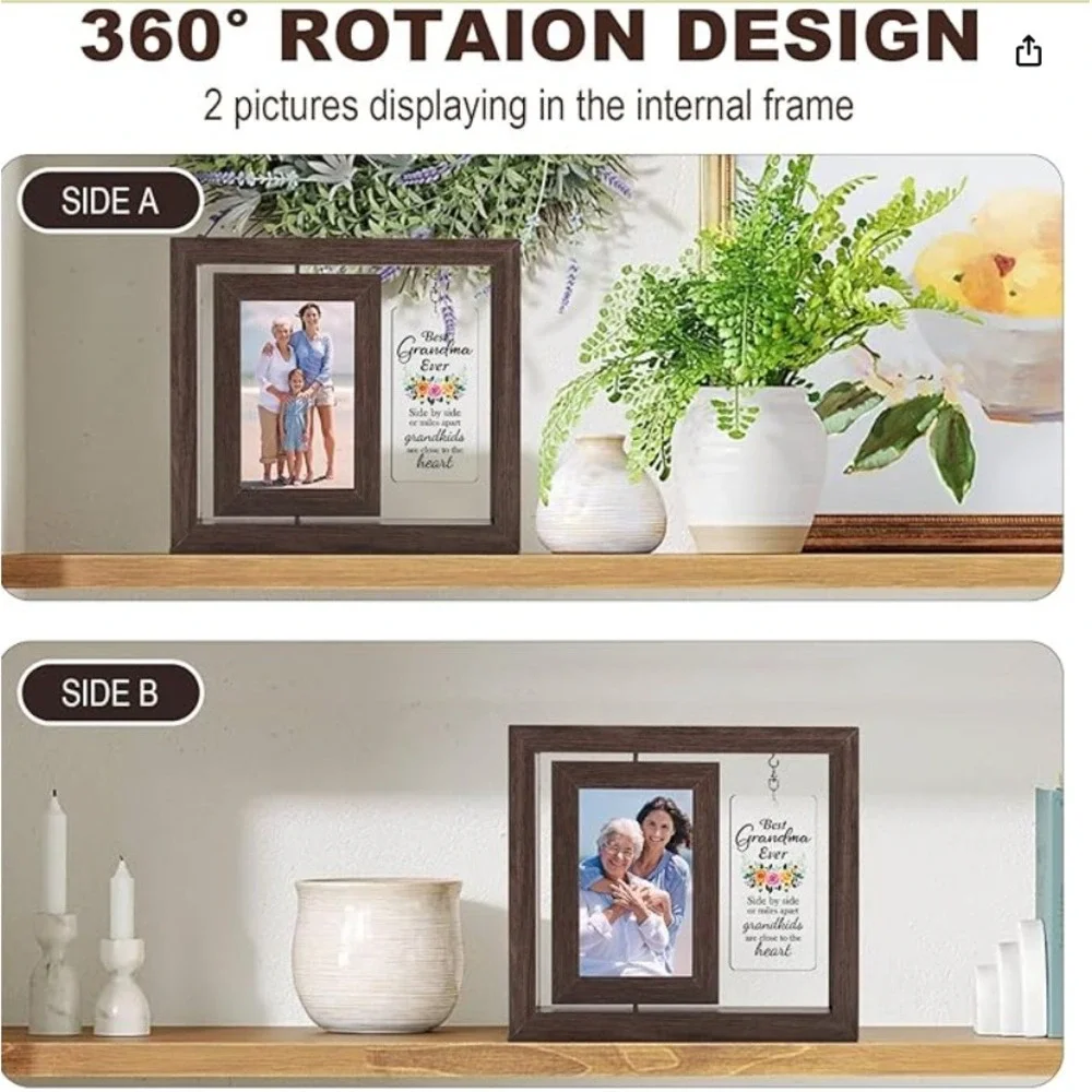 Best Grandma Ever Rotating Picture Frame 4x6 Double Sided Floating Wood Gift Box