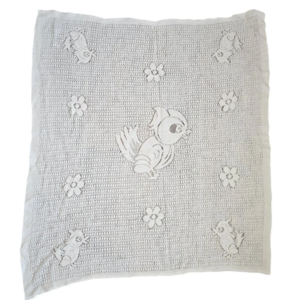 Vintage White Knit Baby Blanket Bird Flowers Open Knit‎ Yellow Bird 32 X 35