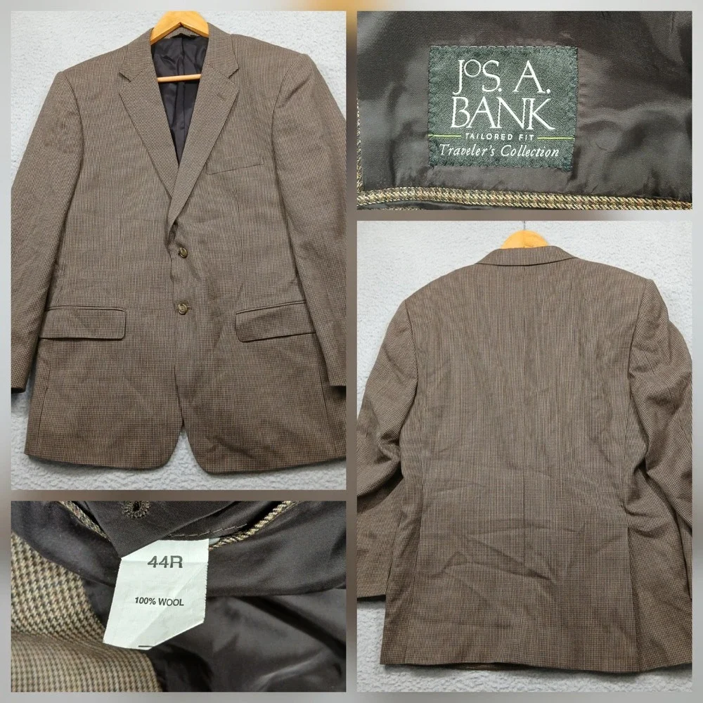 Jos A‎ Bank Traveler's Collection Brown Houndstooth Wool Blazer 44R Tailored Fit
