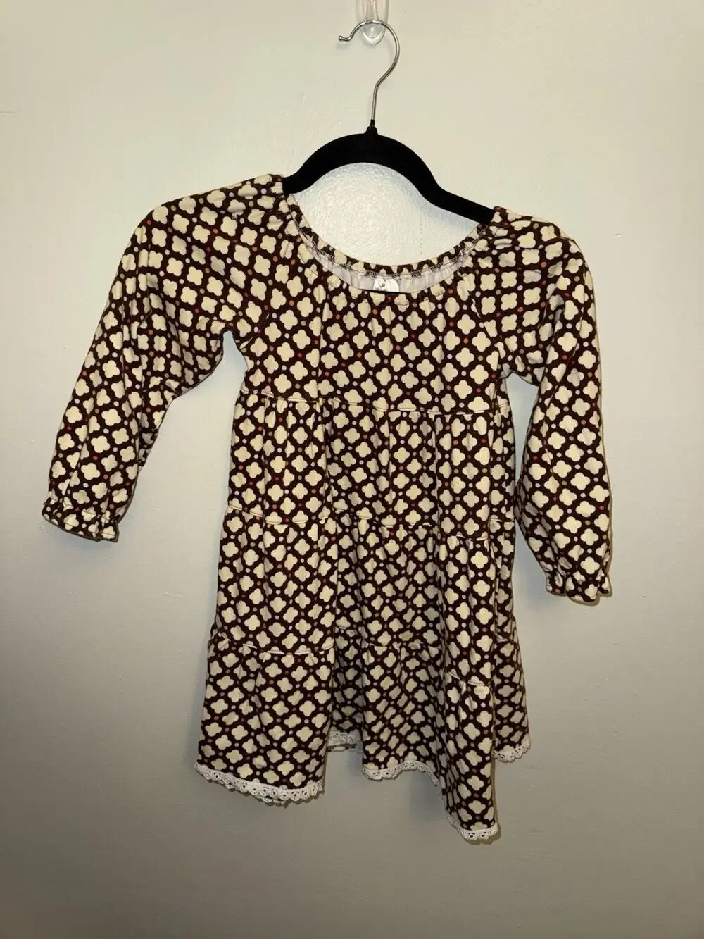 Beehave Girls Dress Size 7 Long Sleeve Tiered Boho Brown Geometric Pattern Lace