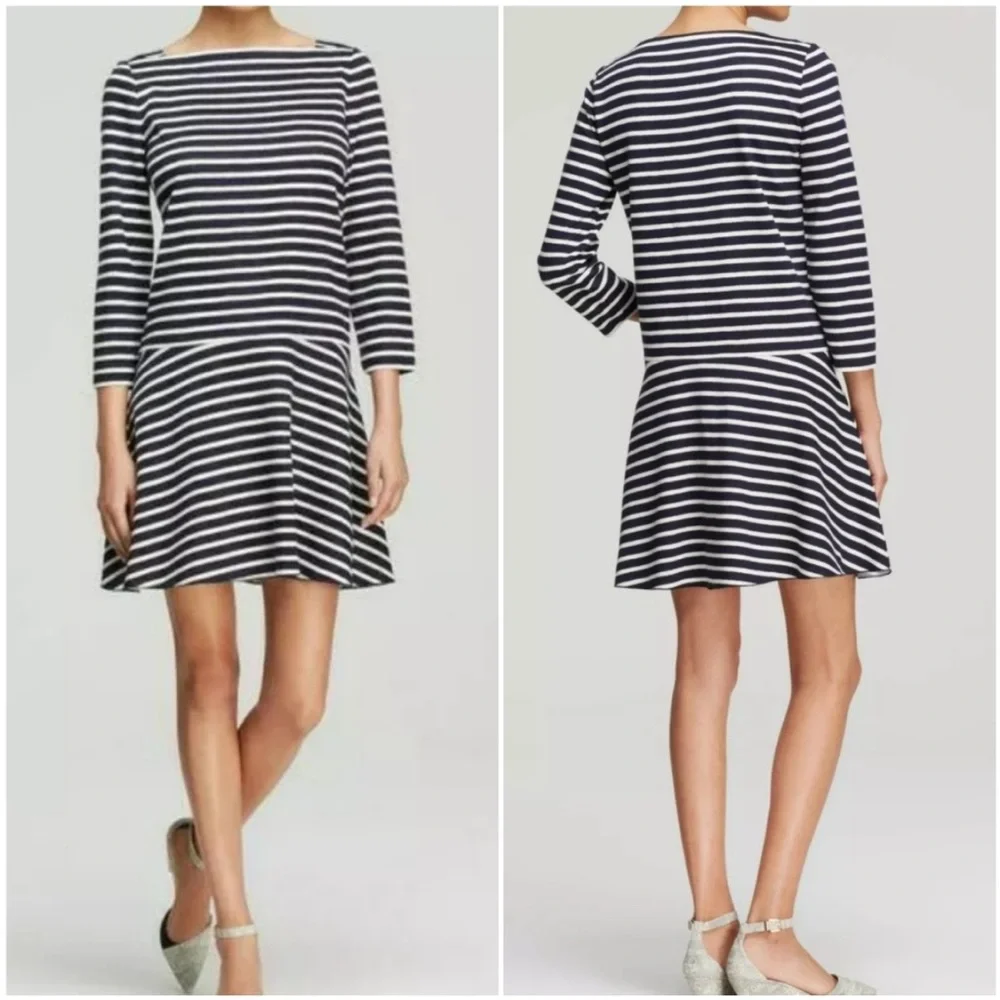 Tory Burch Navy & White Stripe Drop Waist Linen Shift Dress 3/4 Sleeves
