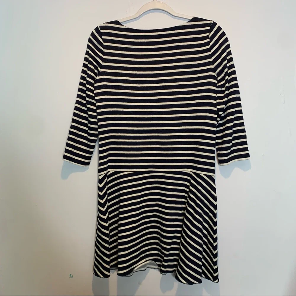 Tory Burch Navy & White Stripe Drop Waist Linen Shift Dress 3/4 Sleeves