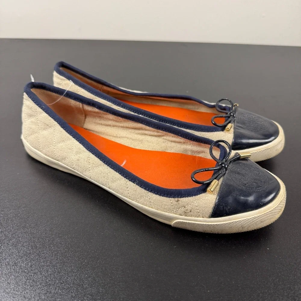 Tory Burch Ballet Flats Women's 10B Beige Blue Cap Toe Slip-On Career Casual