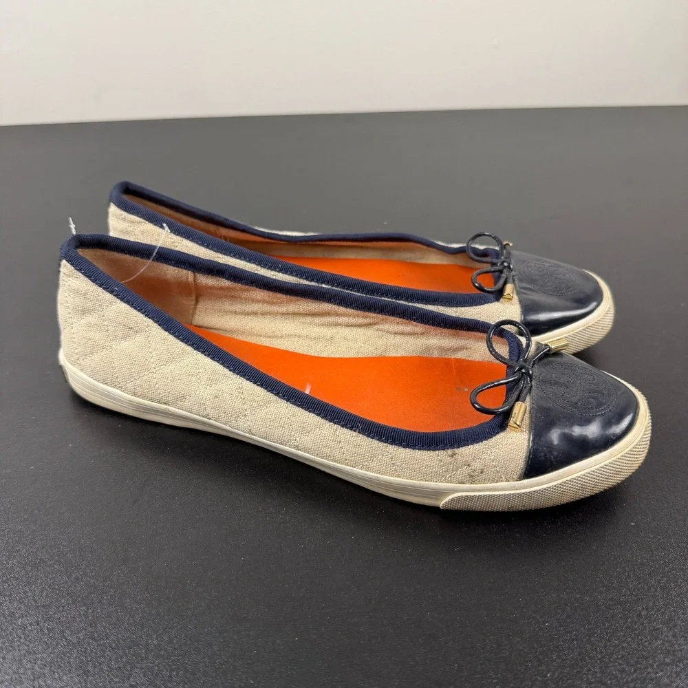 Tory Burch Ballet Flats Women's 10B Beige Blue Cap Toe Slip-On Career Casual