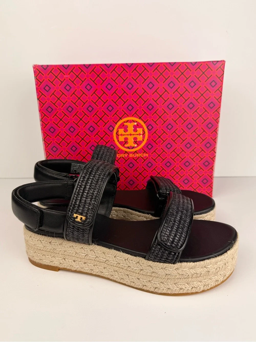 Tory Burch Diego Sport Espadrille Sandals Perfect Black Raffia Platform 8 READ