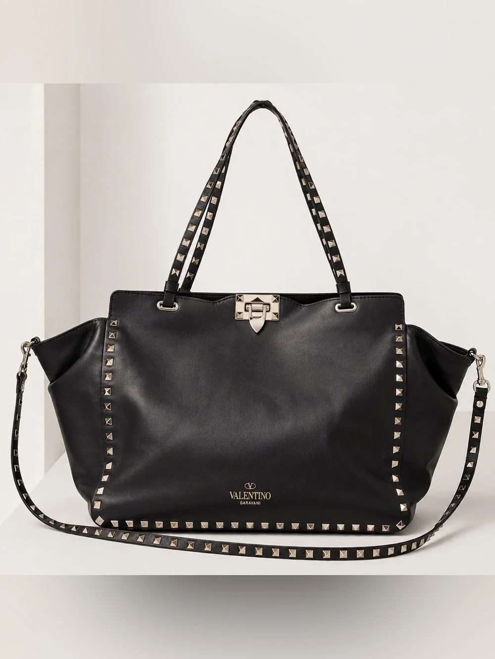 Valentino Garavani Black Rockstud Leather Tote Large