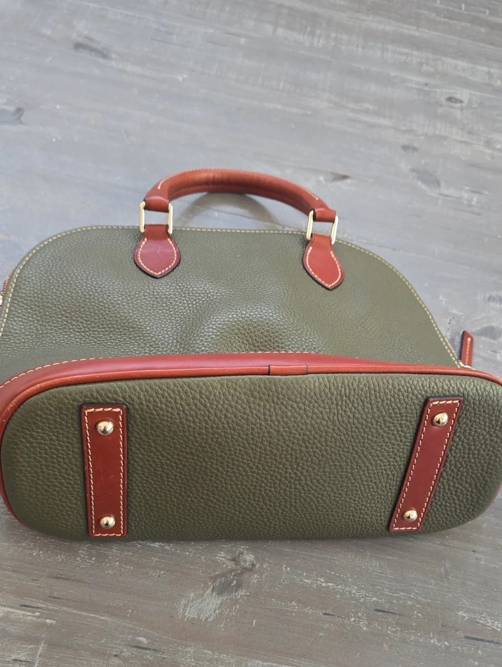 Dooney & Bourke Olive Green Pebbled Leather Satchel with Brown Trim