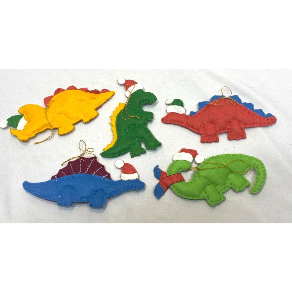 5 Felt Hand Made Vintage Dinosaur Ornaments