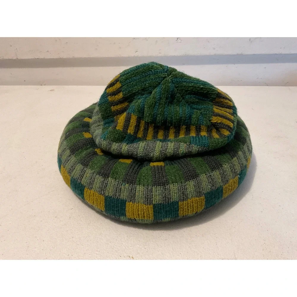 Maggie White Hand Knit Wool Hat Green Yellow Checkered Padded Roll Brim Artisan