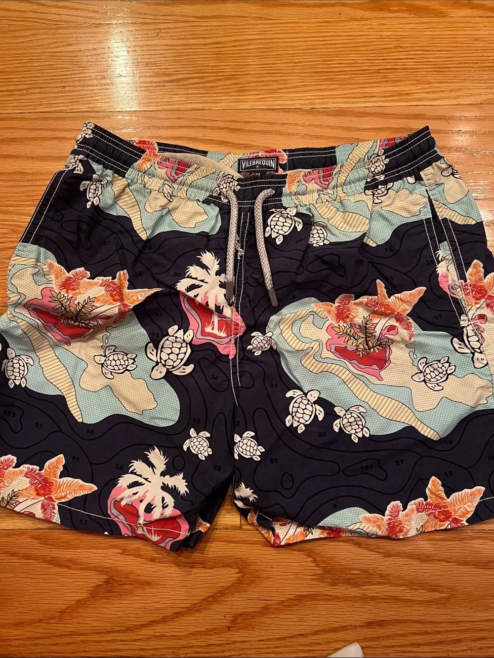 Vilebrequin Navy Swim Trunks with Multicolor Tropical Turtle Motif