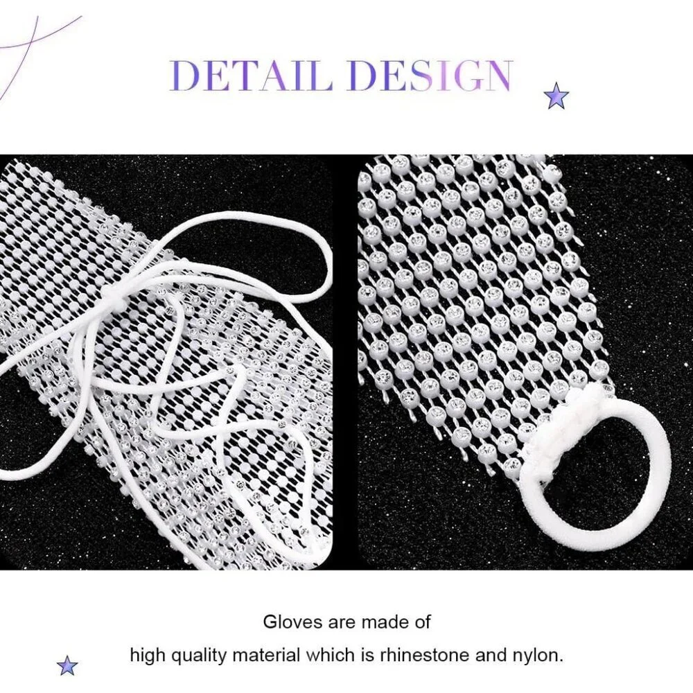 Women's Rhinestone Long Arm Rave Sleeves Fingerless Gloves White Fishnet