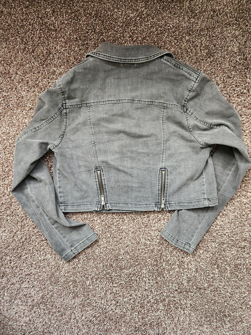 Free People Gray Cropped Denim Moto Jacket