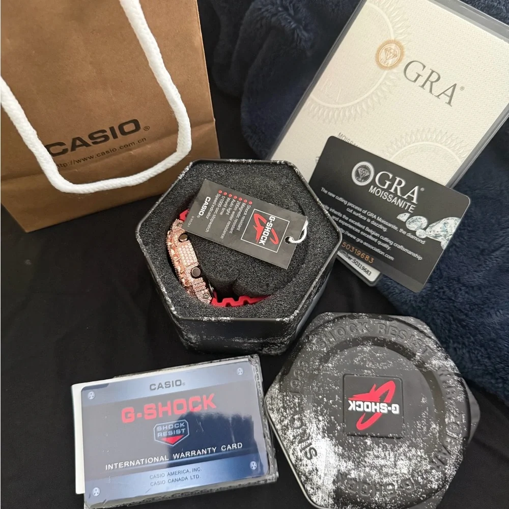 Casio G-Shock Red Strap Watch with Rose Gold Crystal Bezel vvs1 tester passing