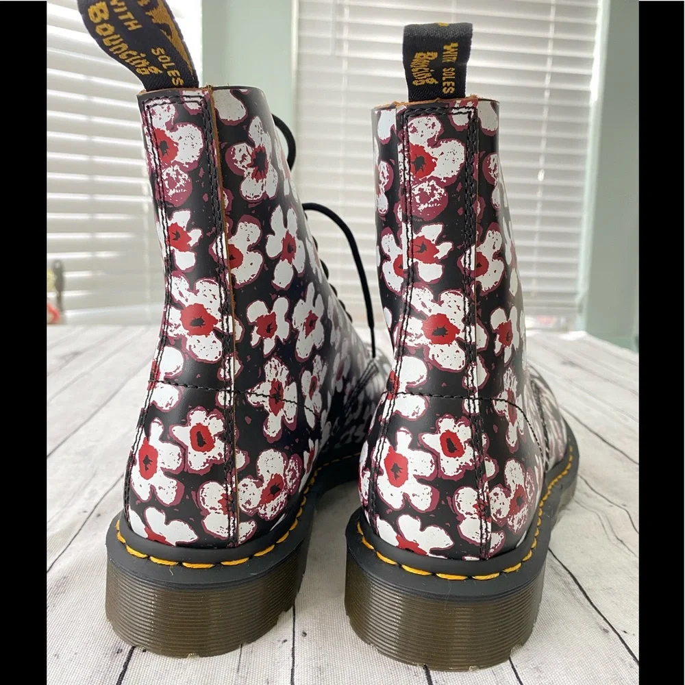 Dr. Martens Black Floral Patent Lace-Up Ankle Boots