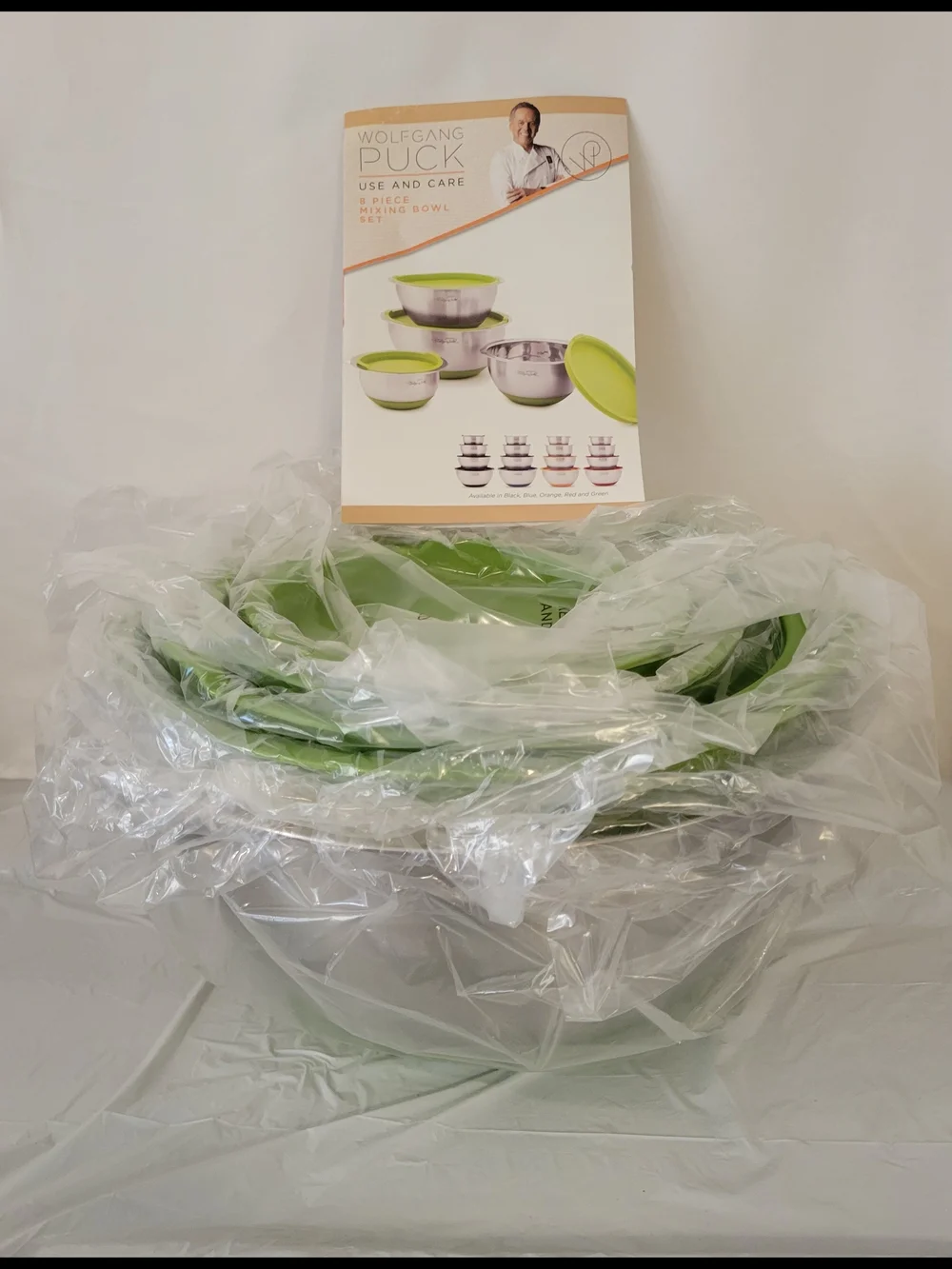 Wolfgang Puck 8-Piece Stainless Steel Mixing Bowl Set Green Lids