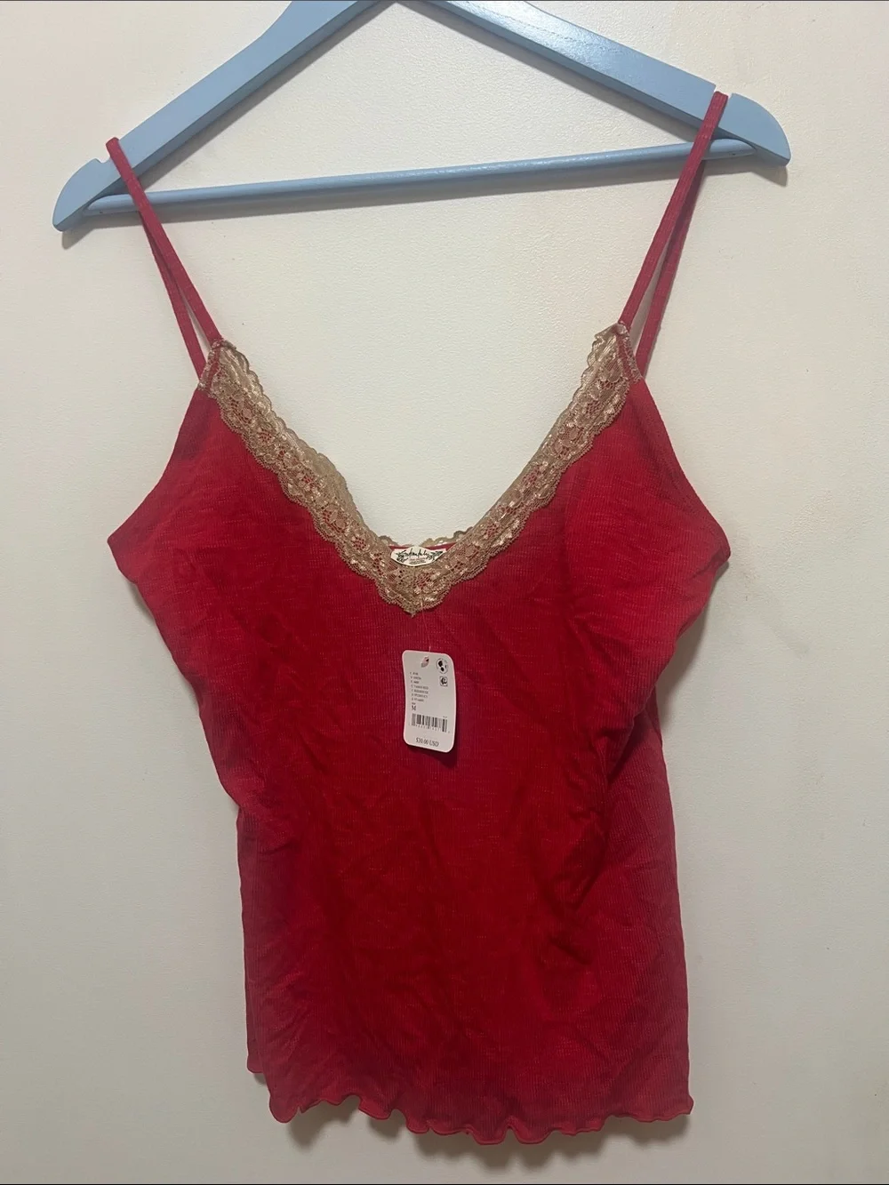 Free People Tango Red Lace-Trim Ribbed Cami
