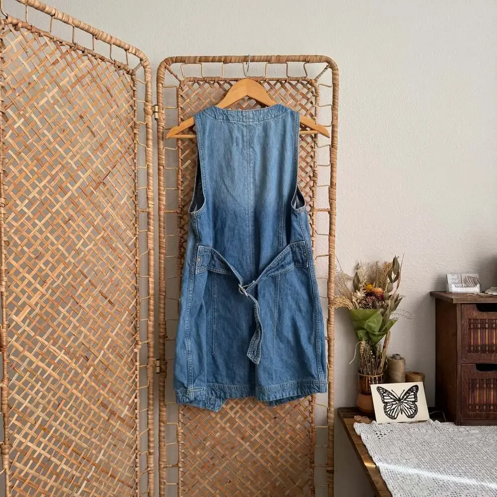 Free People Out of Office Blue Denim Buttoned Vest Dress XS Small